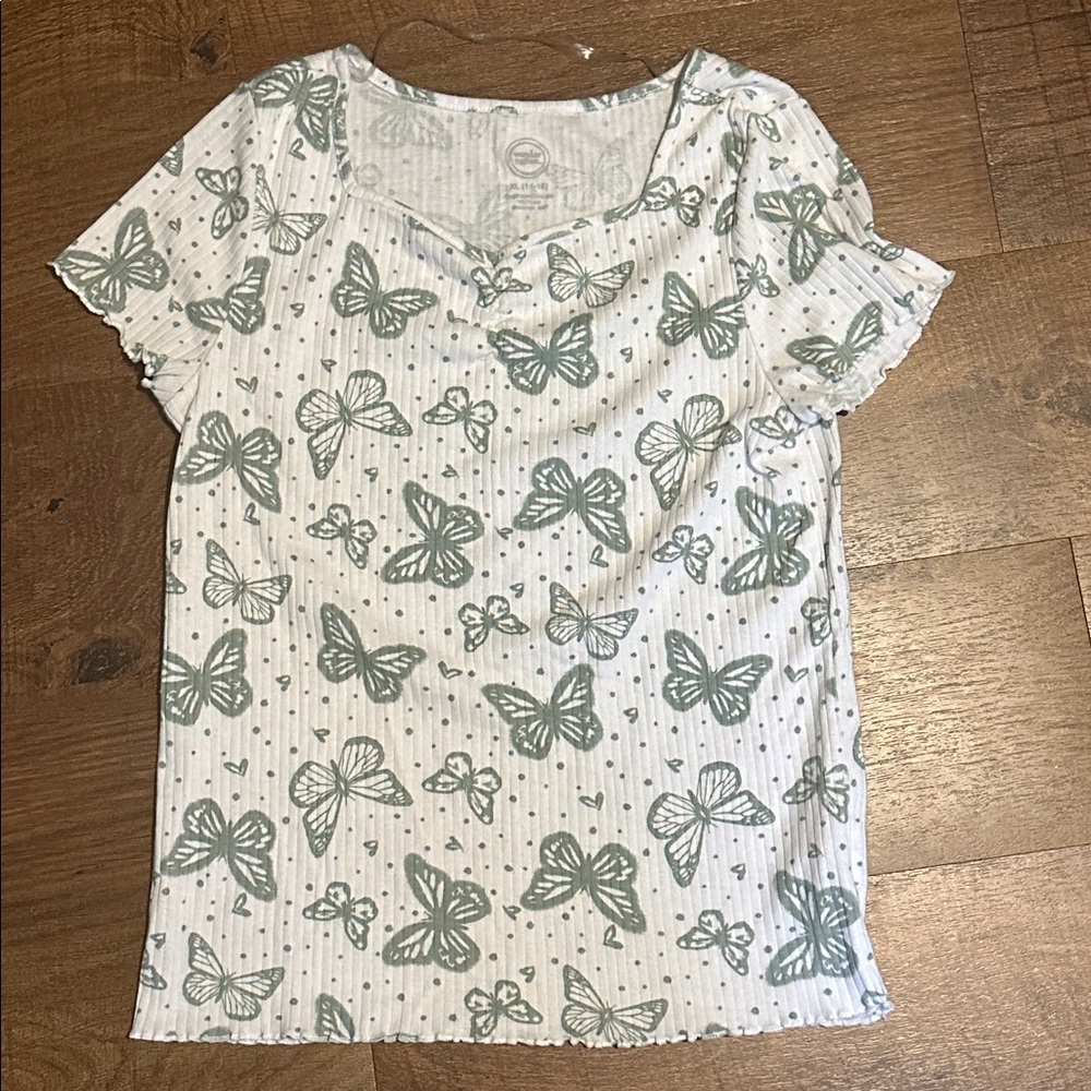 Butterfly Print White and Green Top Girls